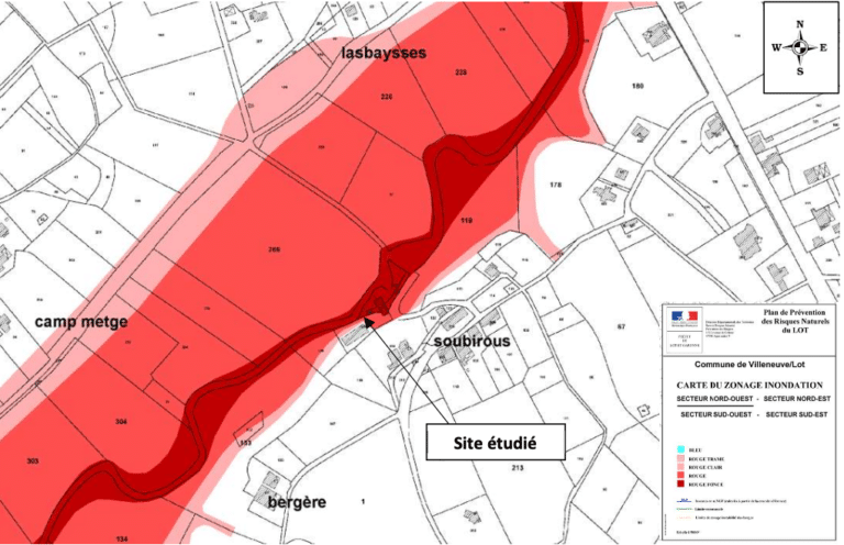 Carte du risque inondation : zone rouge foncé de la vallée du Lot autour du site étudié
